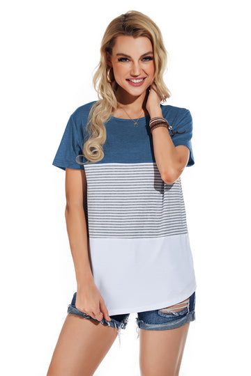 Casual Short Sleeve Round Neck Triple Color Block Striped T-Shirt - Variegated Color